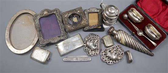 Mixed silver items including mustard pot, 19th century vinaigrette (a.f.) photo frames, card case etc.